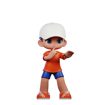 3d Cartoon Boy in Orange Shirt and Blue Shorts with a White Hat Shhttt Pose png