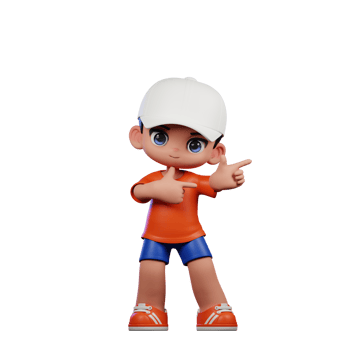 3d Cartoon Boy in Orange Shirt and Blue Shorts with a White Hat Pointing Left Pose png