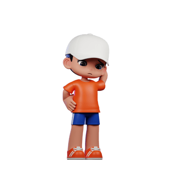3d Cartoon Boy in Orange Shirt and Blue Shorts with a White Hat Worry Pose png