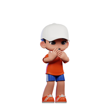 3d Cartoon Boy in Orange Shirt and Blue Shorts with a White Hat Afraid Pose png