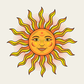 Sun with face, open eyes, smile. Mythological fairytale character, alchemy and astrology symbol. Solar sign. Illustration in vintage style on white background. Groovy, boho, hippie style, kids design vector