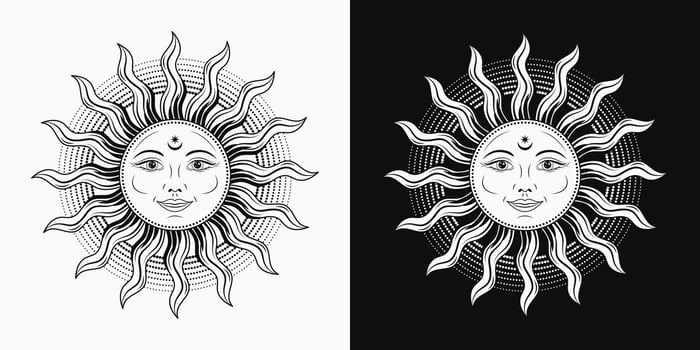 Sun with face, open eyes, smile. Mythological fairytale character, alchemy and astrology symbol. Solar sign. Illustration in vintage style. Groovy, boho, hippie style, kids design vector