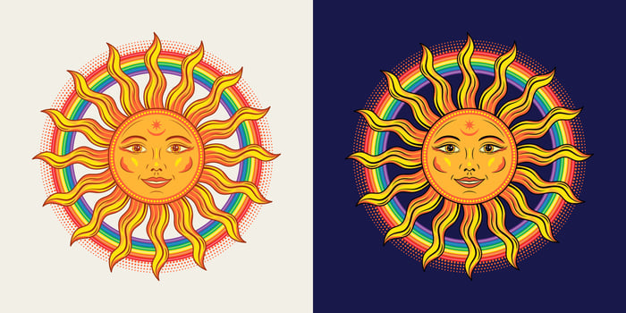 Circular label with sun with smiling face, rainbow. Concept of harmony, good vibes, mood. Groovy, hippie style. For clothing, apparel, T-shirts, kids design vector