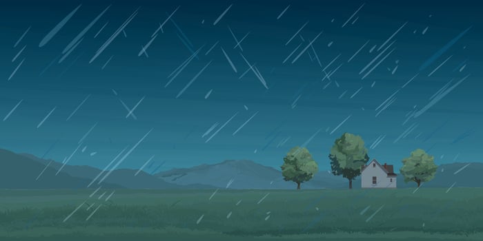 Raining in rural landscape side view flat design graphic illustrated have blank space. vector