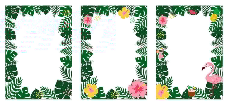 Summer tropical frames with leaves, flowers and flamingo for party invitations, sale posters and wedding cards. Collection of templates isolated with white background. vector