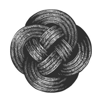 engraved style illustration for posters, decoration and print. Hand drawn sketch of rope knot in monochrome isolated on white background. Detailed vintage woodcut style drawing. vector