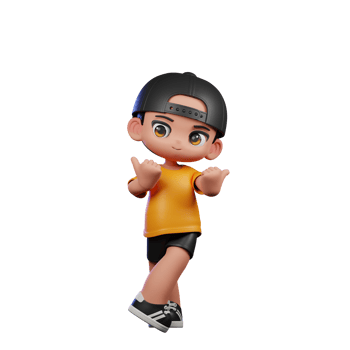 3d Cartoon Character with a Yellow Shirt and Black Shorts Pointing at Side Pose png