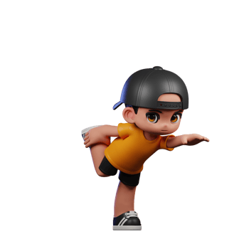 3d Cartoon Character with a Yellow Shirt and Black Shorts Standing One Leg Pose png