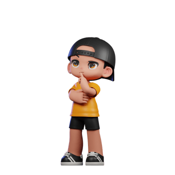 3d Cartoon Character with a Yellow Shirt and Black Shorts Thinking Deeply Pose png