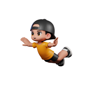 3d Cartoon Character with a Yellow Shirt and Black Shorts Flying Pose png