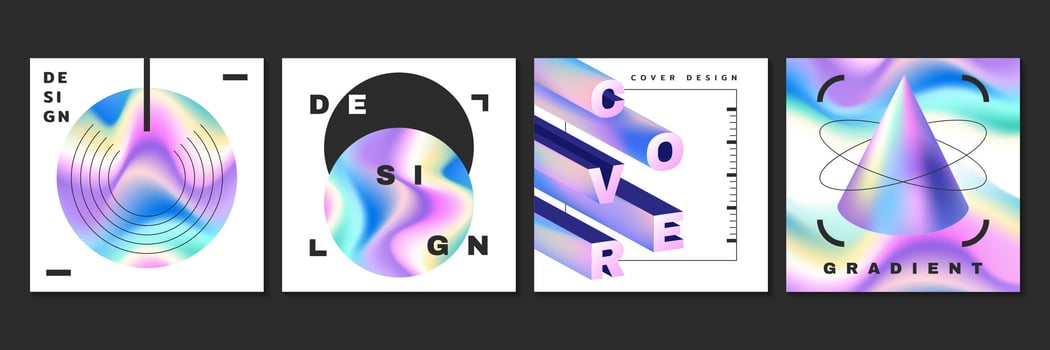 Futuristic holographic posters with metal neon gradient mesh. hologram covers with rainbow foil abstract geometric shapes, pearlescent objects. Iridescent square banners, modern design template vector