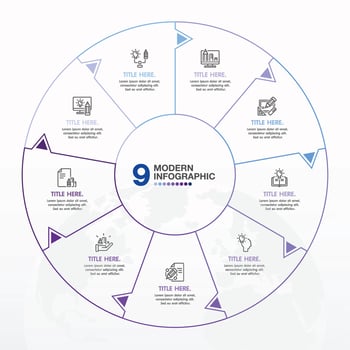 Blue tone circle infographic with 9 steps, process or options. vector