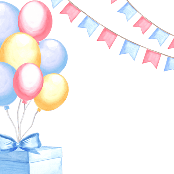 Helium balloons with gift boxes, bow and flags garlands. Happy Birthday template for greeting card. Festive hand drawn watercolor illustrations with copy space. For birthday, invitation, baby shower. png