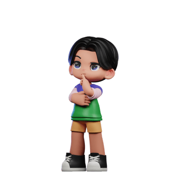 3d Cartoon Character in a Green Shirt and Yellow Shorts Thinking Deeply Pose png