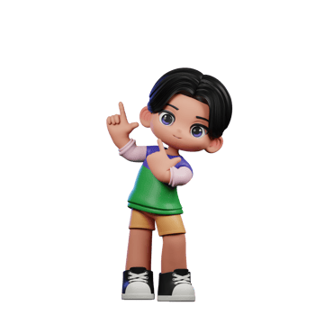 3d Cartoon Character in a Green Shirt and Yellow Shorts Pointing Up Pose png