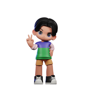 3d Cartoon Character in a Green Shirt and Yellow Shorts Showing Peace Sign Pose png