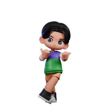 3d Cartoon Character in a Green Shirt and Yellow Shorts Pointing at Side Pose png