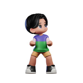 3d Cartoon Character in a Green Shirt and Yellow Shorts Looking VIctorious Pose png