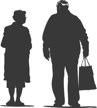 Silhouette elderly man and elderly women with Shopping basket full body black color only vector