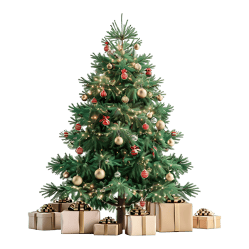 Christmas Tree with Stars, Light, Gift Boxes on Transparent Background png