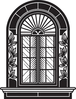 decorative window with flowers black and white illustration vector