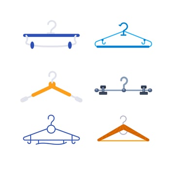 Clothes Hangers. Wooden, plastic and metal wire coat hangers. vector