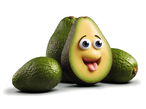 Funny live avocado with eyes smiling, healthy food, funny fruit, isolated on transparent background png