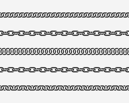 Set seamless chain link. Different chains silhouette black and white isolated on background. Chainlet line design elements. vector