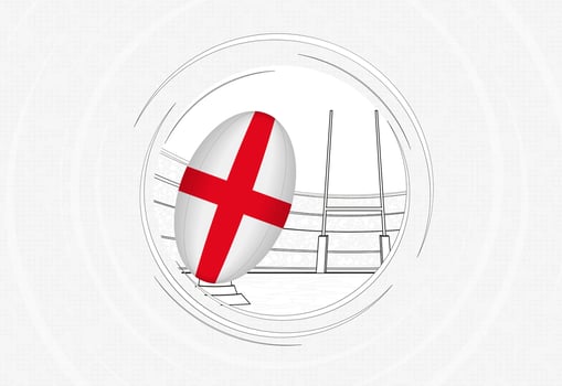 England flag on rugby ball, lined circle rugby icon with ball in a crowded stadium. vector