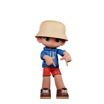 3d Small Figure of a Boy in a Blue Shirt and Red Shorts Pointing Down Pose png