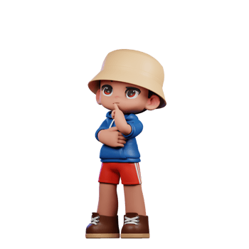 3d Small Figure of a Boy in a Blue Shirt and Red Shorts Thinking Deeply Pose png