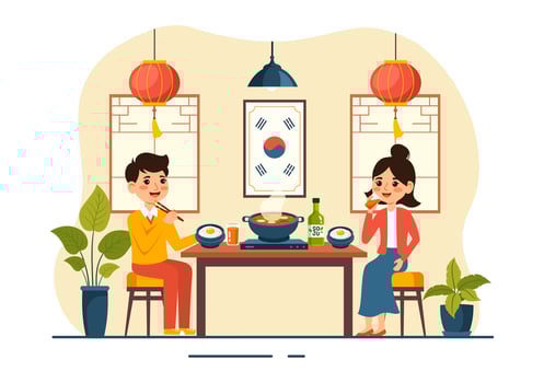 Korean Food Illustration featuring a Set Menu of Various Traditional and Delicious National Dishes in a Flat Cartoon Style Background vector