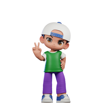 3d Cartoon Character of a Boy in a Green Shirt and Purple Pants Showing Peace Sign Pose png