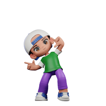 3d Cartoon Character of a Boy in a Green Shirt and Purple Pants Pointing Right Pose png