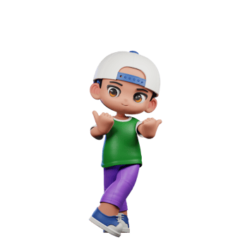 3d Cartoon Character of a Boy in a Green Shirt and Purple Pants Pointing at Side Pose png