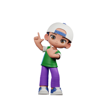 3d Cartoon Character of a Boy in a Green Shirt and Purple Pants Pointing Up Pose png