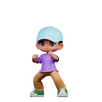 3d Small Boy with a Blue Hat and a Purple Shirt Ready Fight Pose png