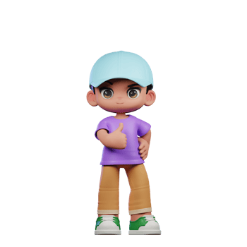 3d Small Boy with a Blue Hat and a Purple Shirt Showing Thumbs Up Pose png