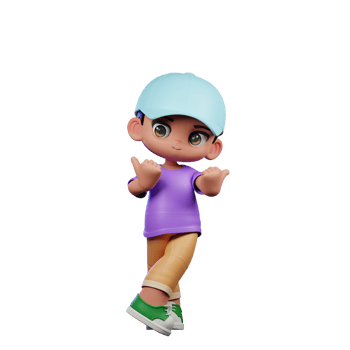 3d Small Boy with a Blue Hat and a Purple Shirt Pointing at Side Pose png