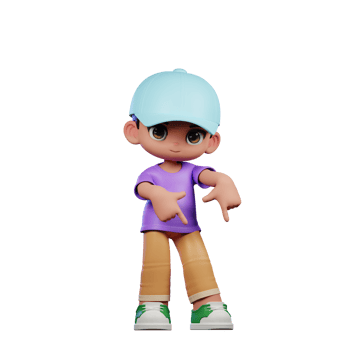 3d Small Boy with a Blue Hat and a Purple Shirt Pointing Down Pose png