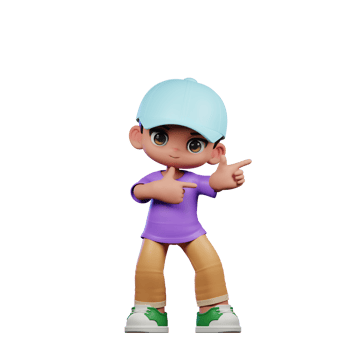 3d Small Boy with a Blue Hat and a Purple Shirt Pointing Left Pose png