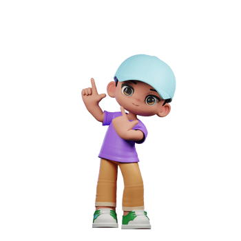 3d Small Boy with a Blue Hat and a Purple Shirt Pointing Up Pose png