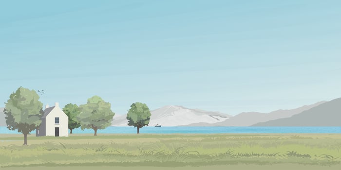 Rural landscape side view with lake, hills, field, trees, grass, country house and mountain ranges graphic illustrated have blank space. vector