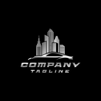 Modern City Car Silhouette Logo Design. Elegant Car Silhouette Against Skyscraper Background Logo Design. vector