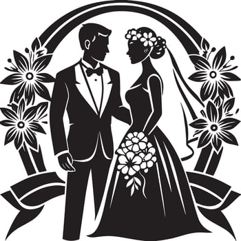 silhouette of bride and groom black and white illustration vector