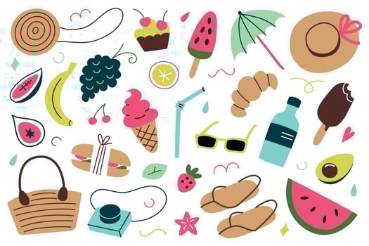 Summer icons collection, illustrations of sunglasses, fruits and ice cream, colorful summertime essentials, tropical vacation, woven bags and umbrella doodles, picnic items vector