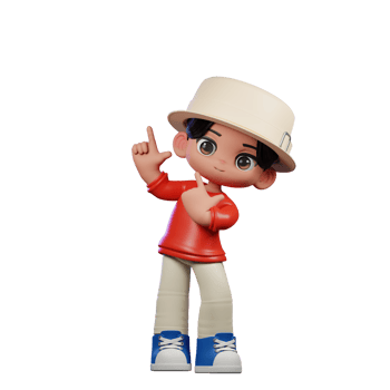 3d Cartoon Character with a Hat and Red Shirt Pointing Up Pose png