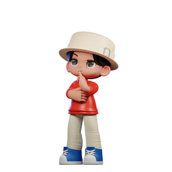 3d Cartoon Character with a Hat and Red Shirt Thinking Deeply Pose png
