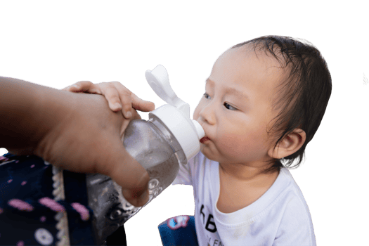 Asian little boy drinking water fed to him by his mother, on a hot day, summer or spring time, drinking clean water to avoid dehydration, health care, isolated background. Toddler one year old. png