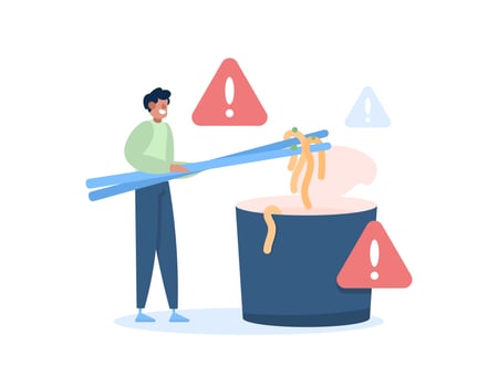 illustration of a man using chopsticks to eat instant noodles. Be careful about eating too much instant noodles. warning signs. junk food. flat style illustration concept design. graphic elements vector
